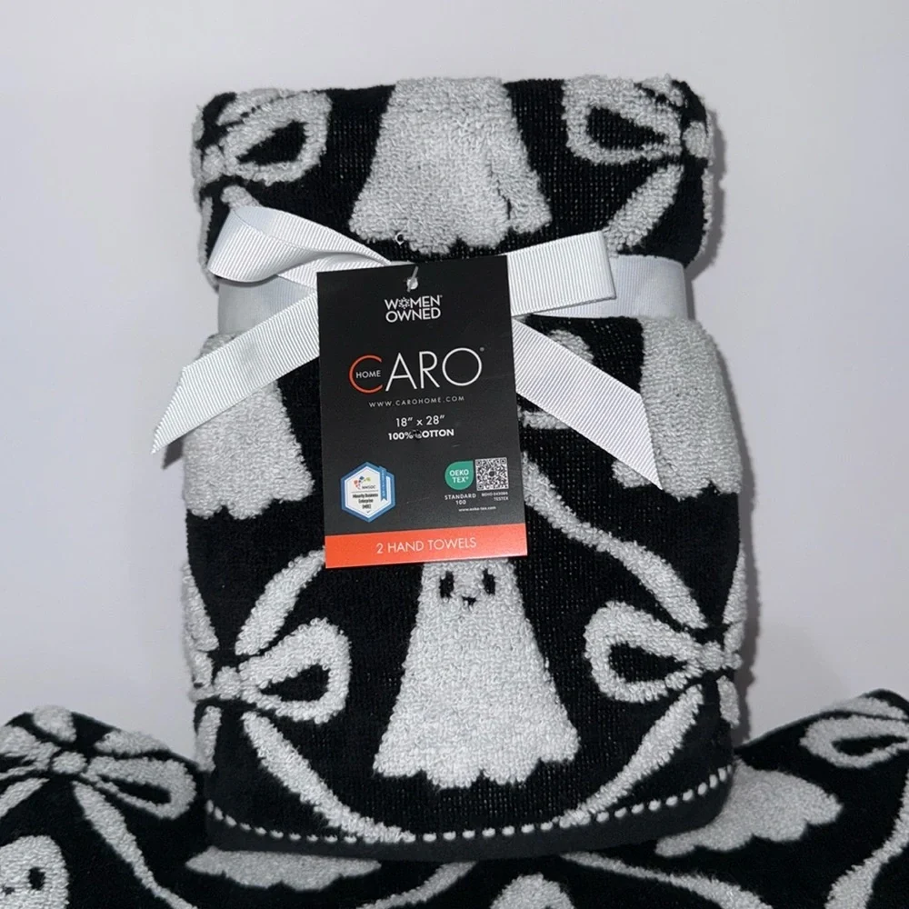 Caro 4 Piece Cotton Bath Towel Set Halloween Black/White Ghosts Bows Ribbons